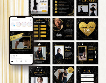 Black & Gold Instagram Templates Bundle Kit posts mockup