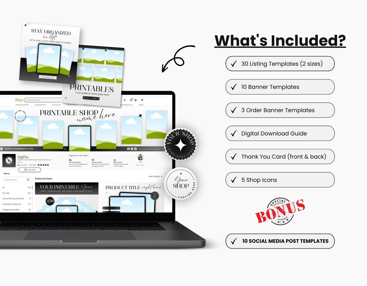 Etsy Digital Shop Branding Bundle Kit Black & White DigiPax