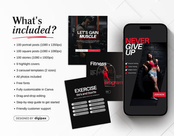 Fitness Coach Instagram Templates Bundle Kit What is Included Mockup