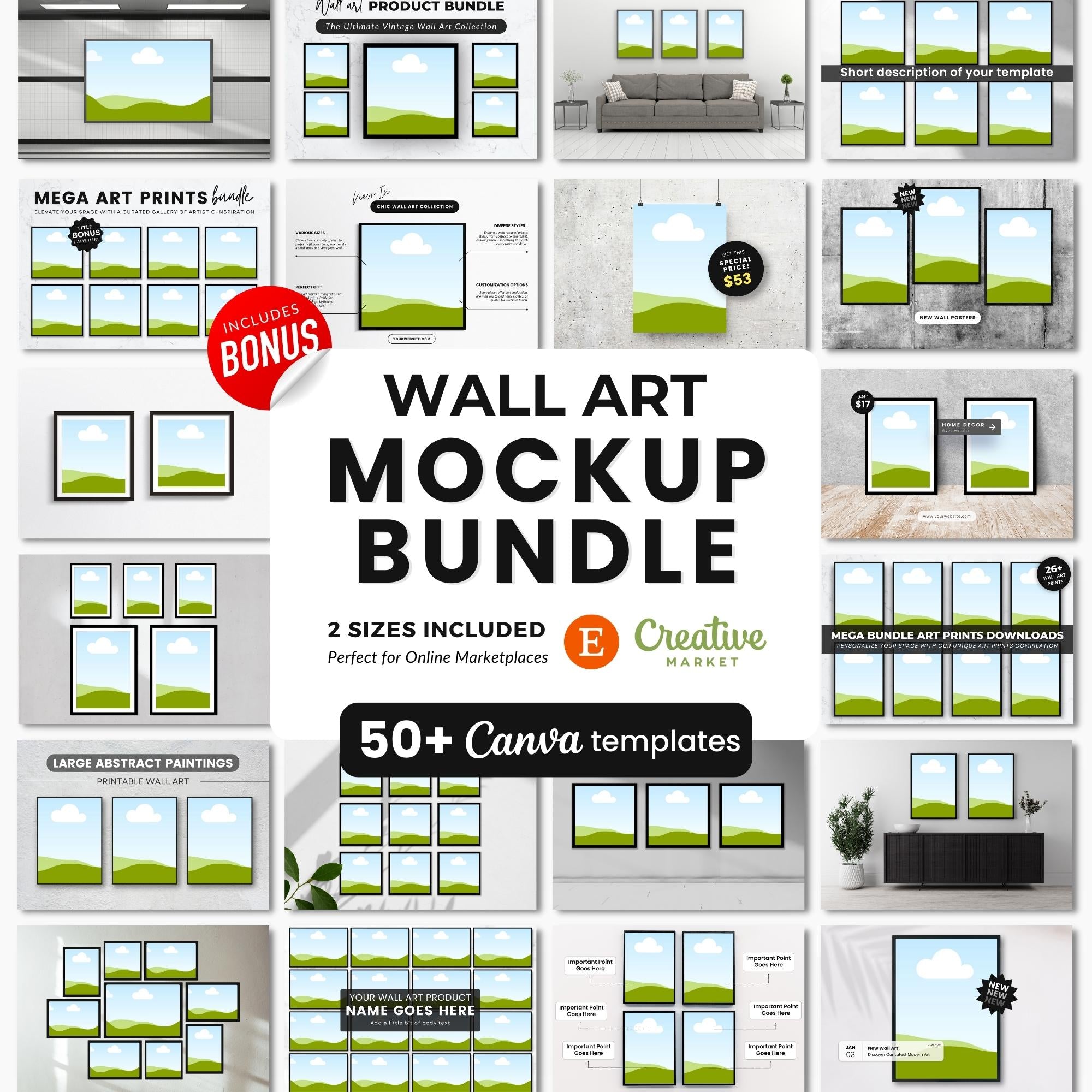 Wall Art Canva Mockup Templates Black Frames DigiPax