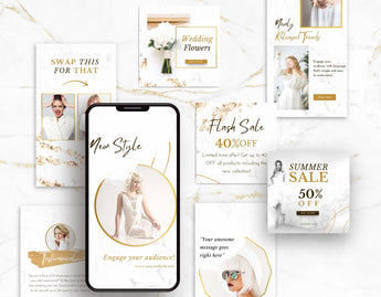 White & Gold Instagram Templates Bundle Kit posts and stories mockup