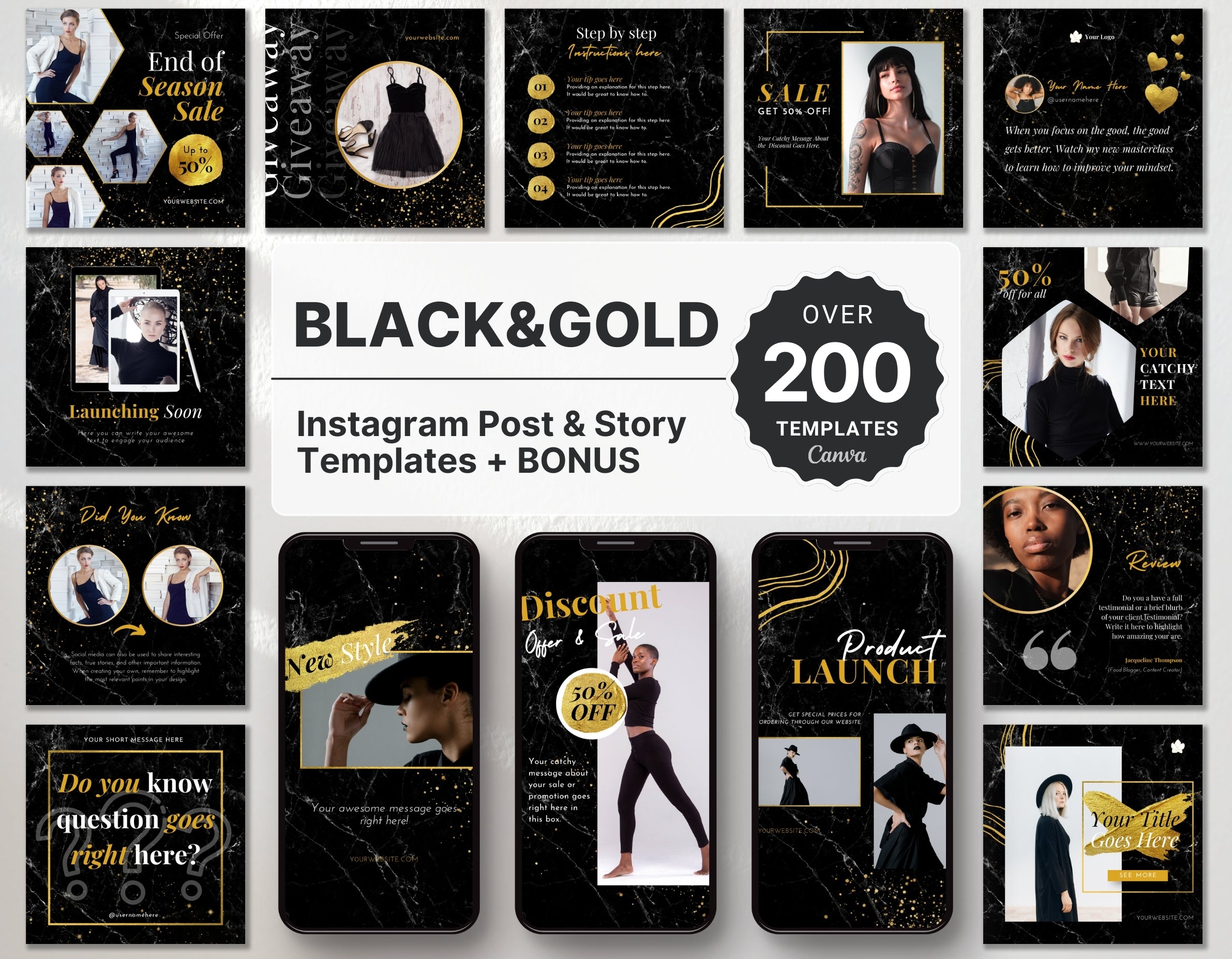Black & Gold Instagram Templates Bundle Kit DigiPax