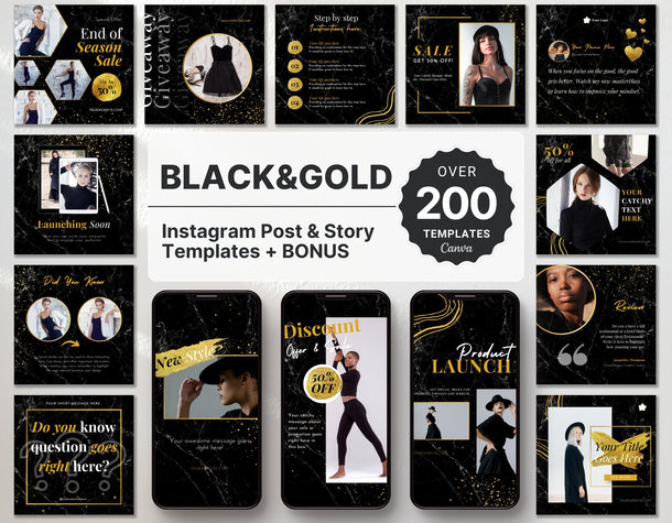 Black & Gold Instagram Templates Bundle Kit - DigiPax