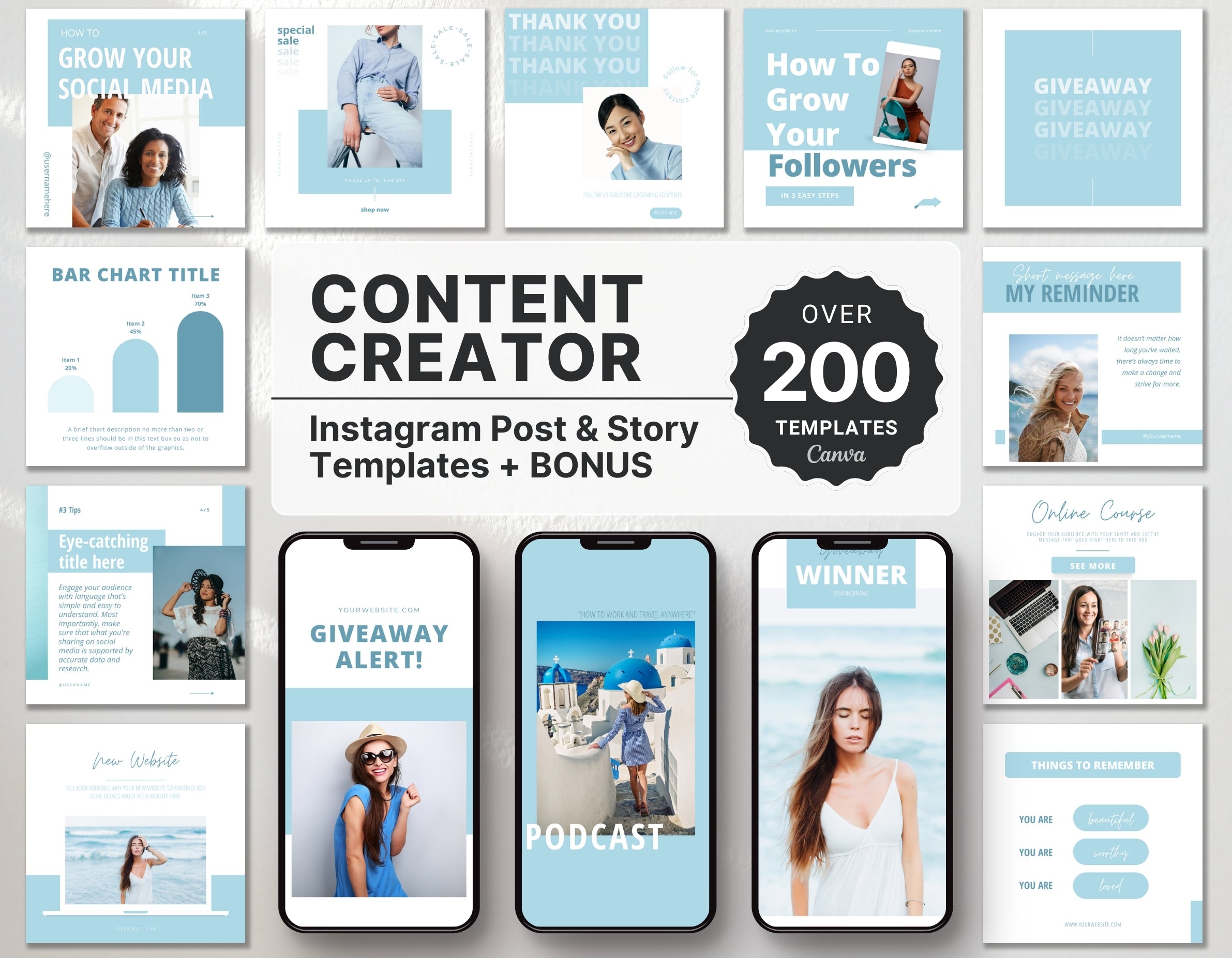 Content Creator Instagram Templates Bundle Kit Blue DigiPax