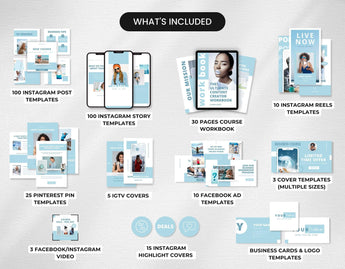 Ultimate Course Creator Social Media Templates Bundle Blue What is Included Mockup DigiPax