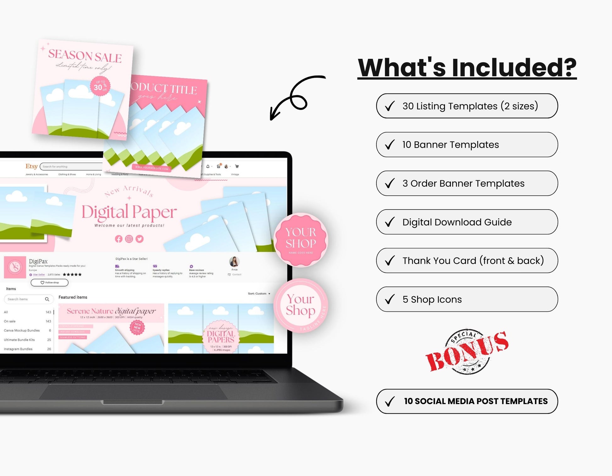 Etsy Digital Paper Shop Branding Bundle Kit Pink DigiPax