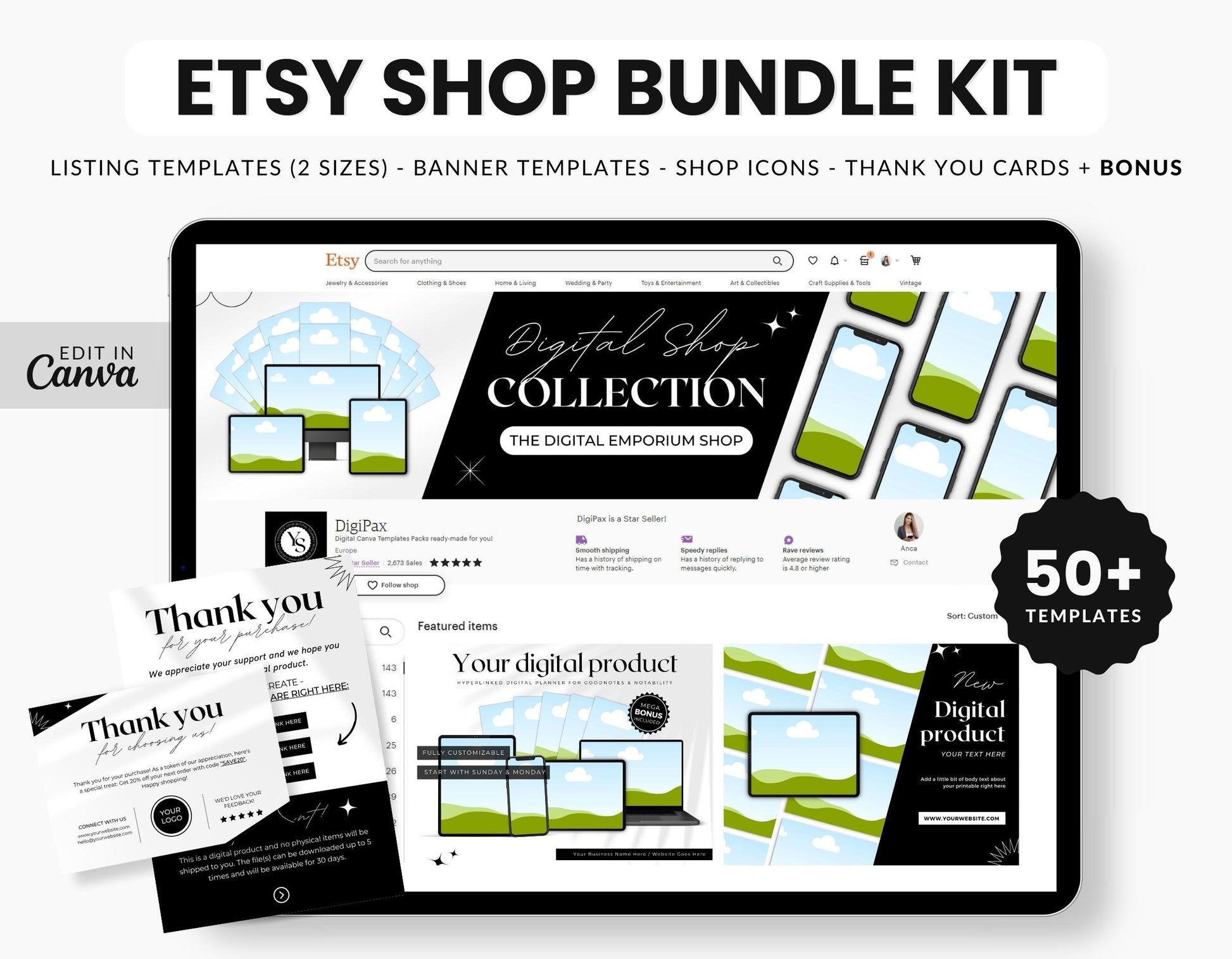 Etsy Digital Products Shop Branding Bundle Kit Black DigiPax