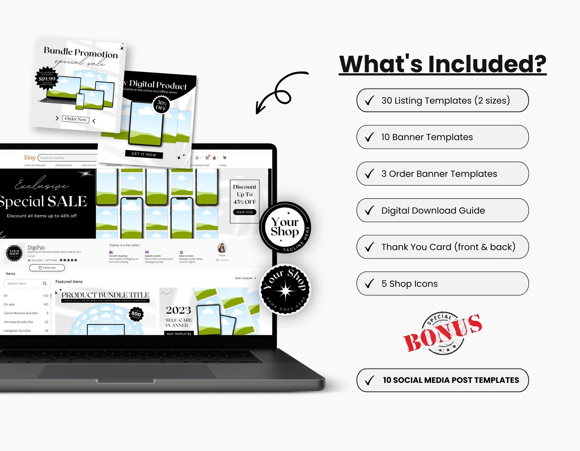 Etsy Digital Products Shop Branding Bundle Kit Black DigiPax