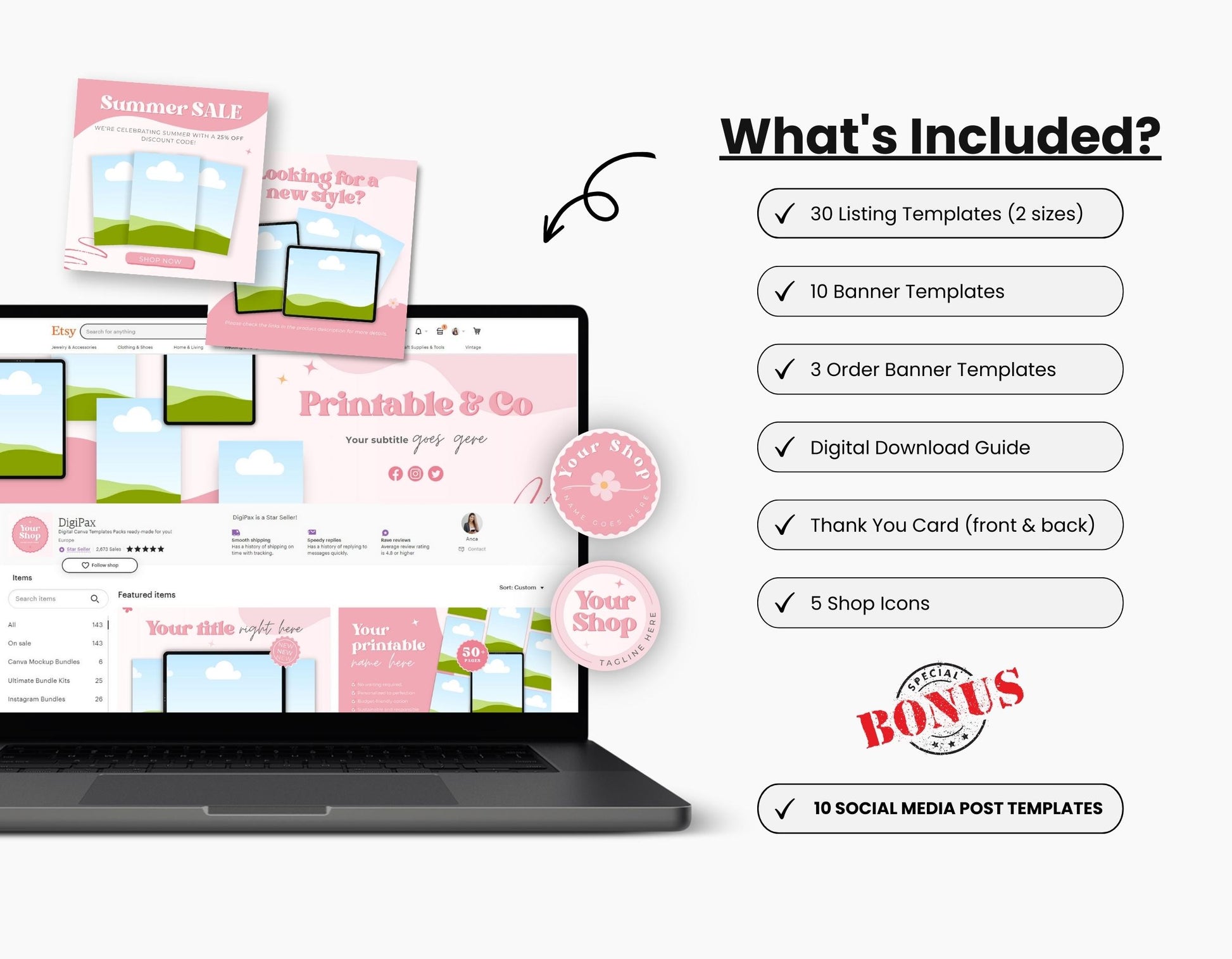 Etsy Digital Shop Branding Bundle Kit Pink DigiPax