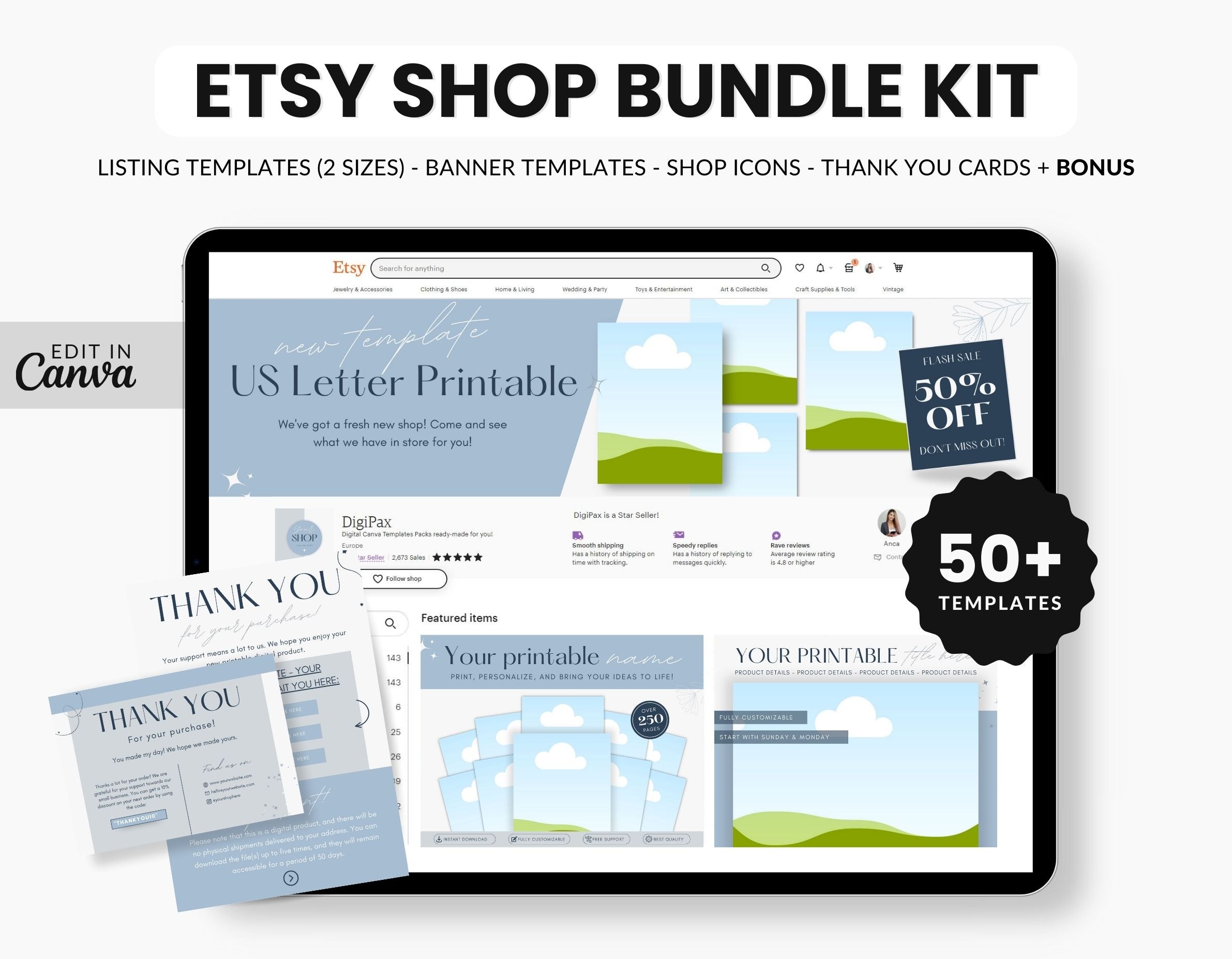 Etsy Digital Shop Branding Bundle Kit Printables US Letter DigiPax