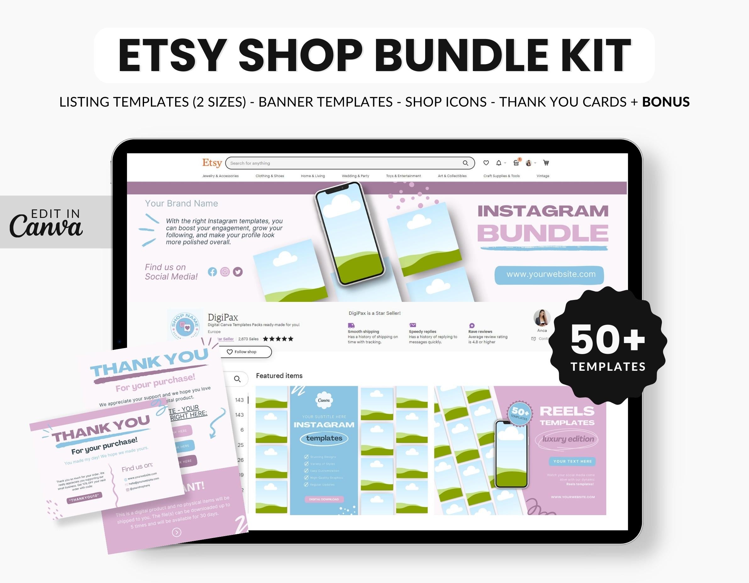 Etsy Digital Shop Social Media Templates Bundle Kit Colorful