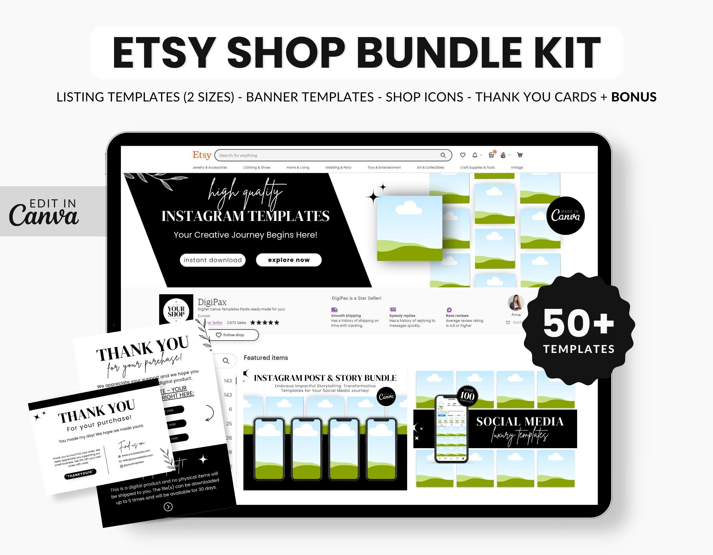 Etsy Digital Shop Social Media Templates Bundle Kit DigiPax