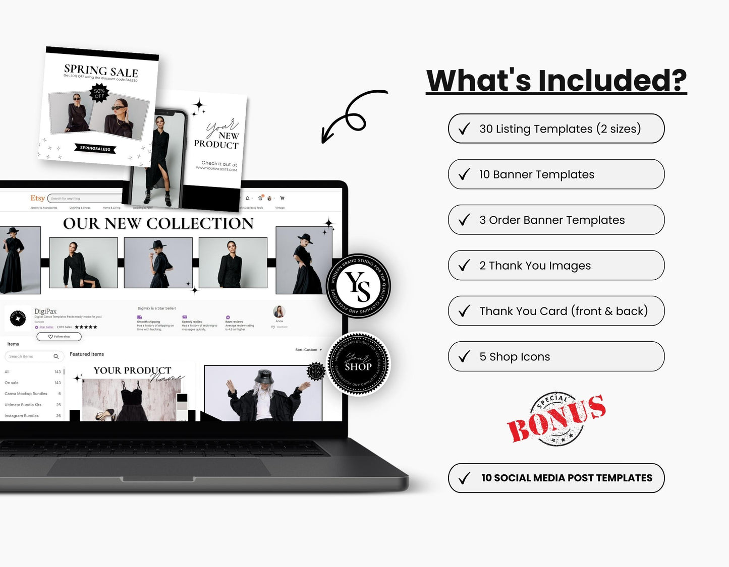 Etsy Shop Branding Bundle Kit Black & White DigiPax
