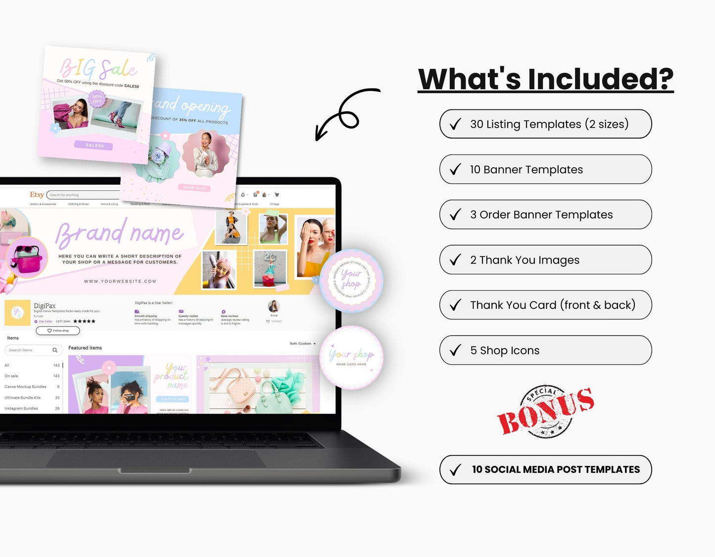 Etsy Shop Branding Bundle Kit Rainbow DigiPax