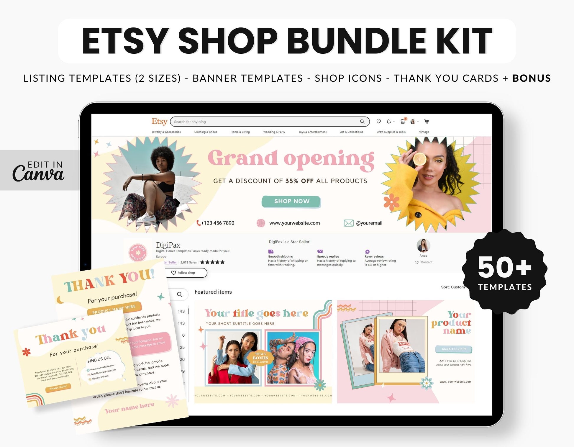 Etsy Shop Branding Bundle Kit Retro Groovy DigiPax