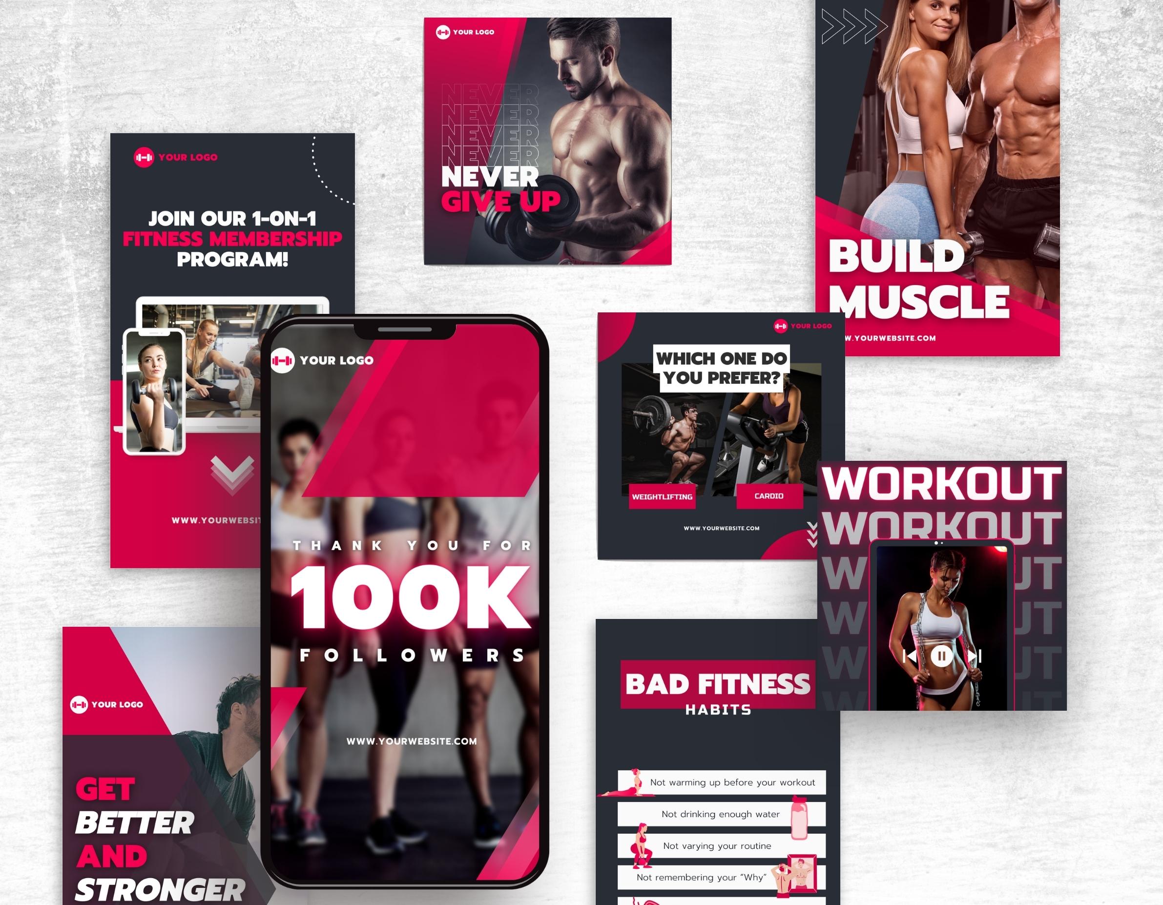 Fitness Coach Instagram Templates Bundle Kit posts and stories mockup