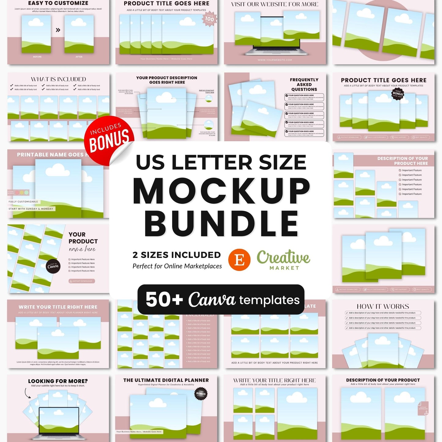 US Letter Size Pages Canva Mockup Templates Bundle DigiPax