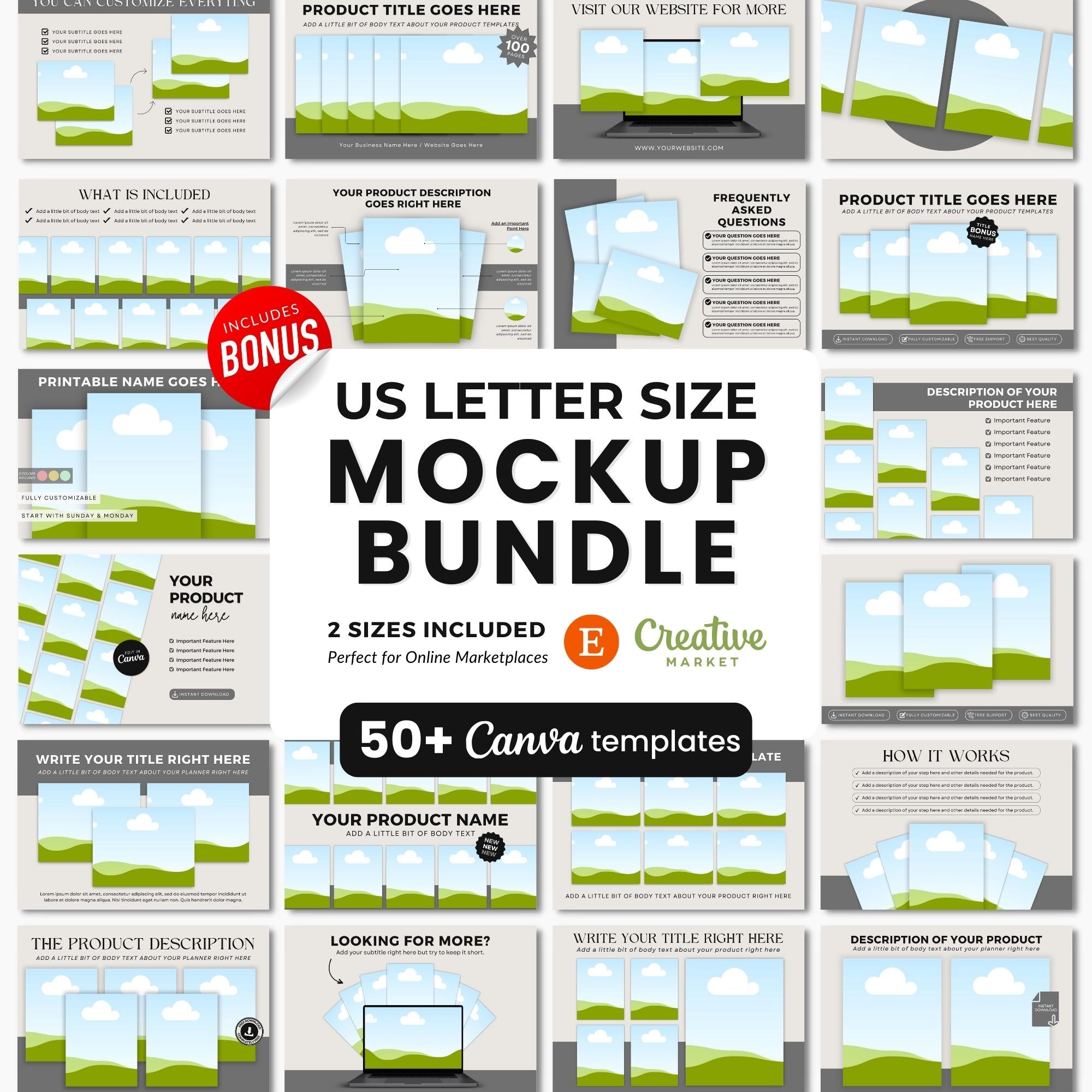 US Letter Size Pages Canva Mockup Templates Bundle DigiPax