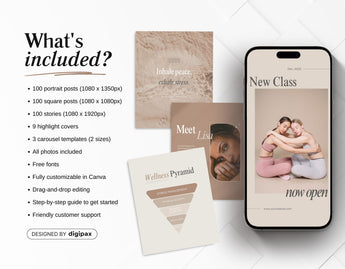 Wellness Coach Instagram Templates Bundle Kit What is included Mockup