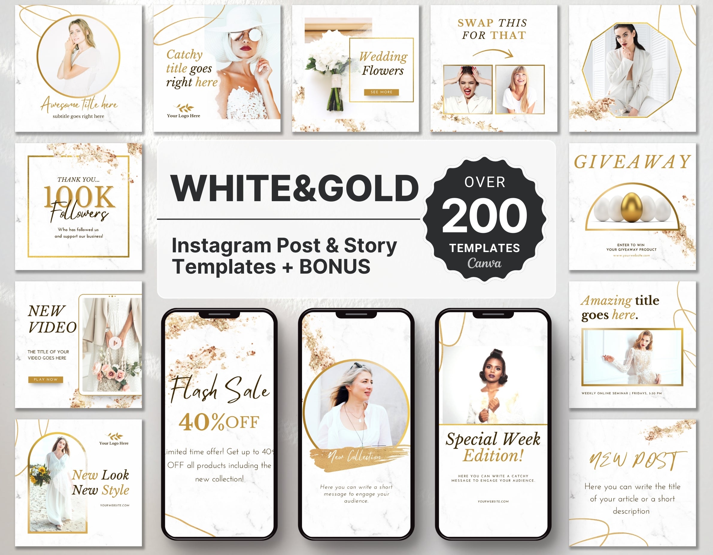 White & Gold Instagram Templates Bundle Kit DigiPax