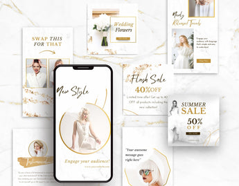 White & Gold Instagram Templates Bundle Kit posts and stories mockup