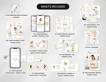 Ultimate White & Gold Social Media Templates Bundle Kit What is included Mockup DigiPax