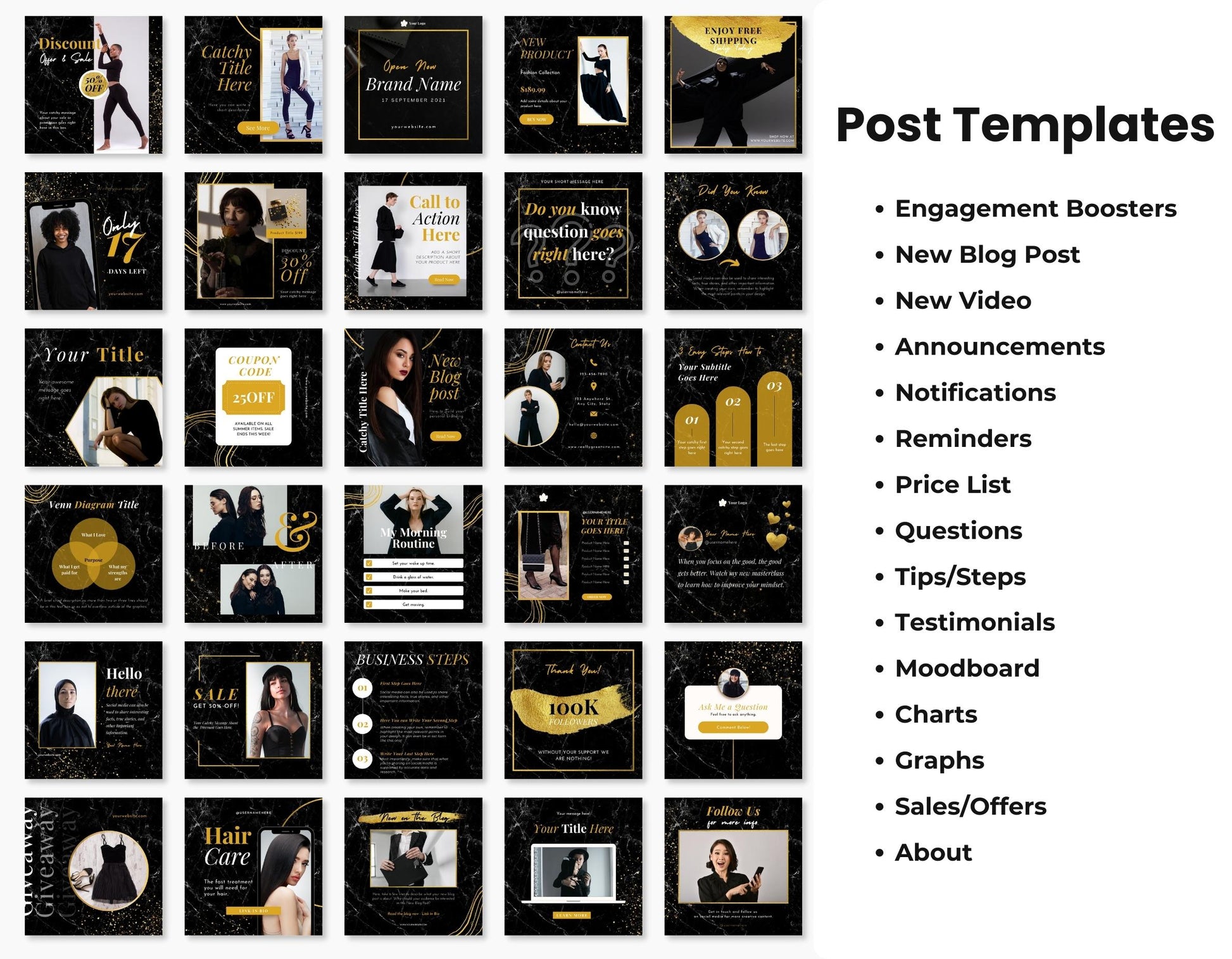 Black & Gold Social Media Templates Bundle Kit DigiPax