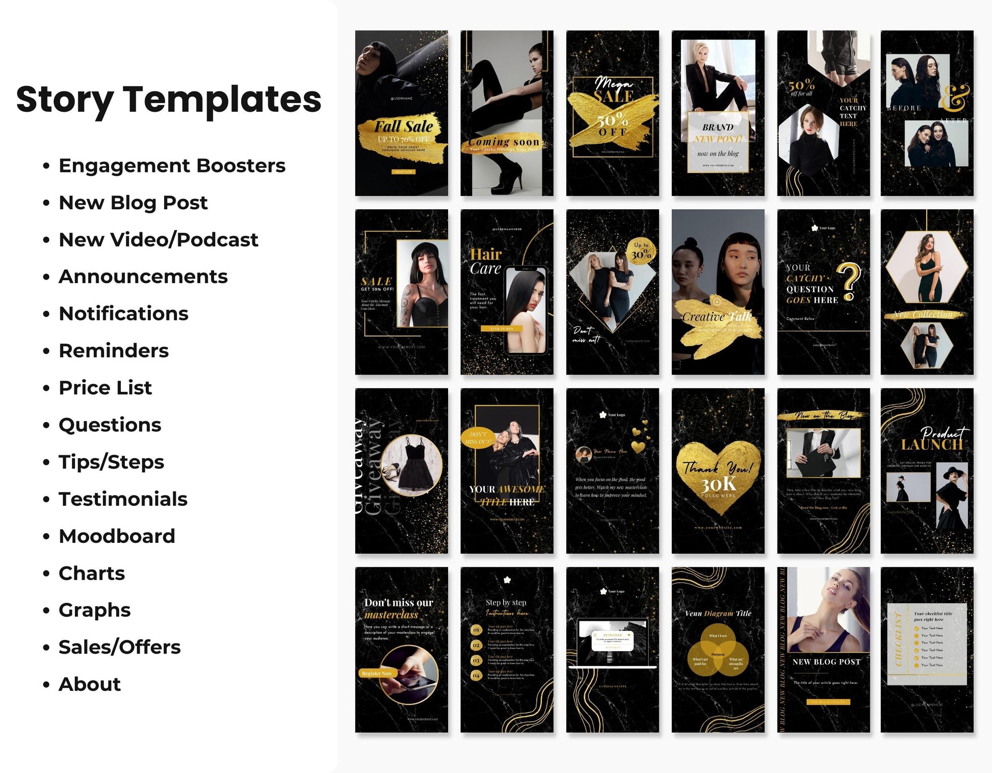 Black & Gold Social Media Templates Bundle Kit DigiPax
