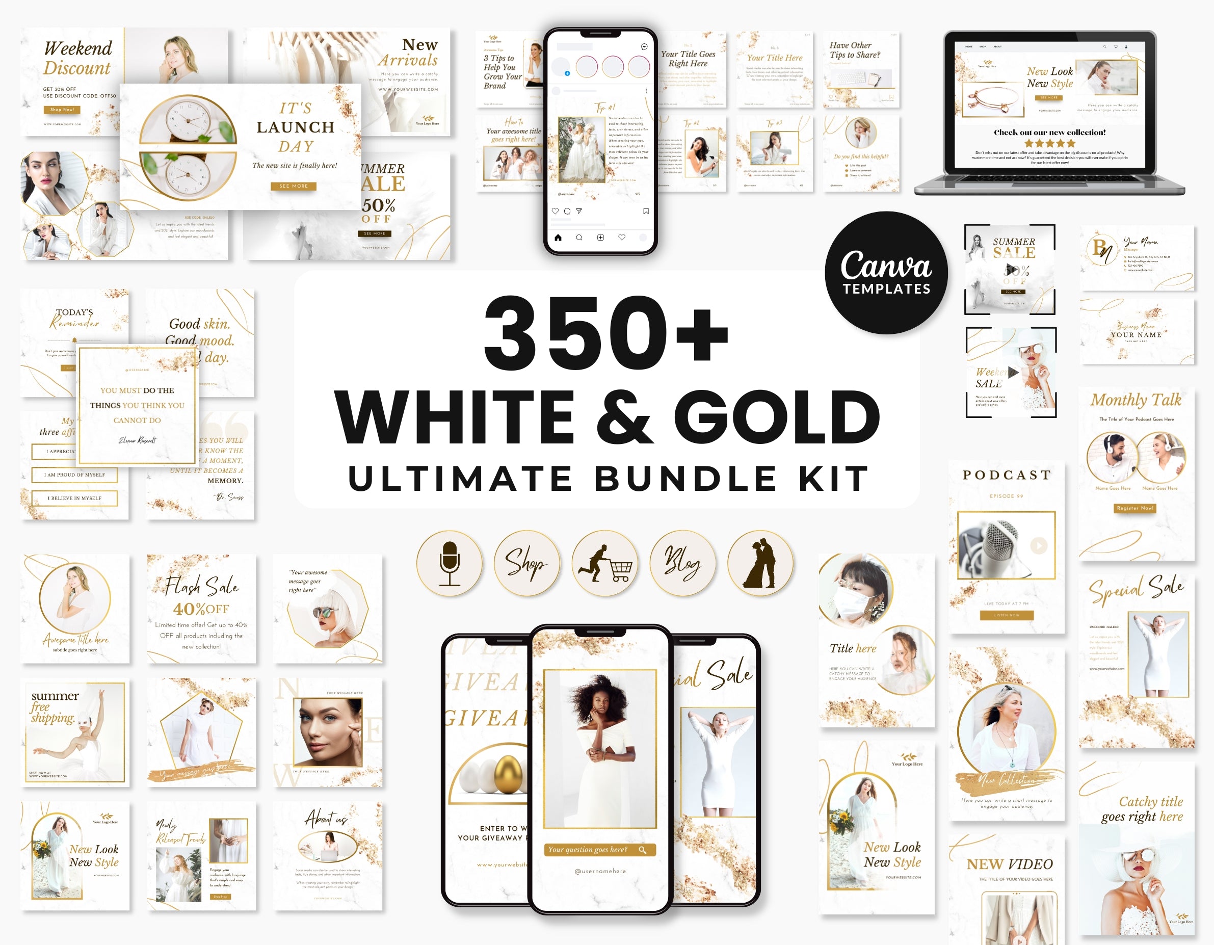 White & Gold Social Media Templates Bundle Kit DigiPax